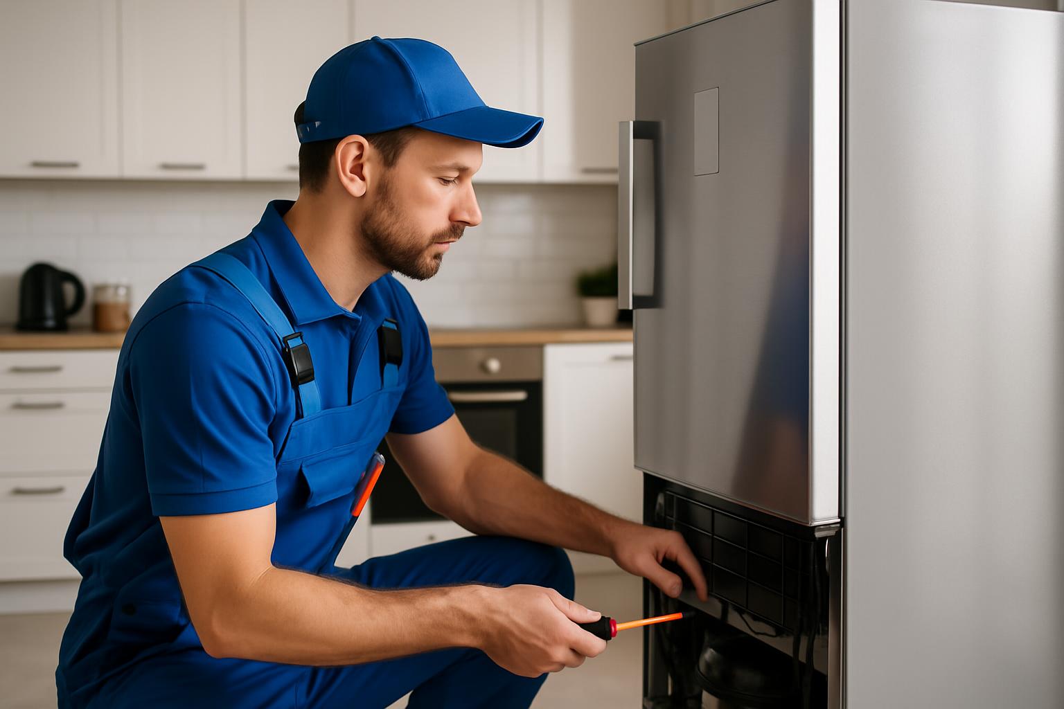 Técnico especializado consertando geladeira