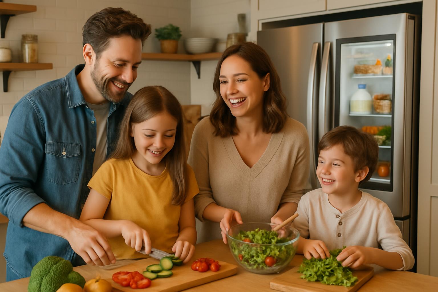 Família feliz com geladeira funcionando